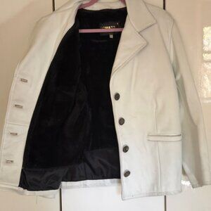 White Leather Jacket by Romanzo, with faux fur removable lining, size 10